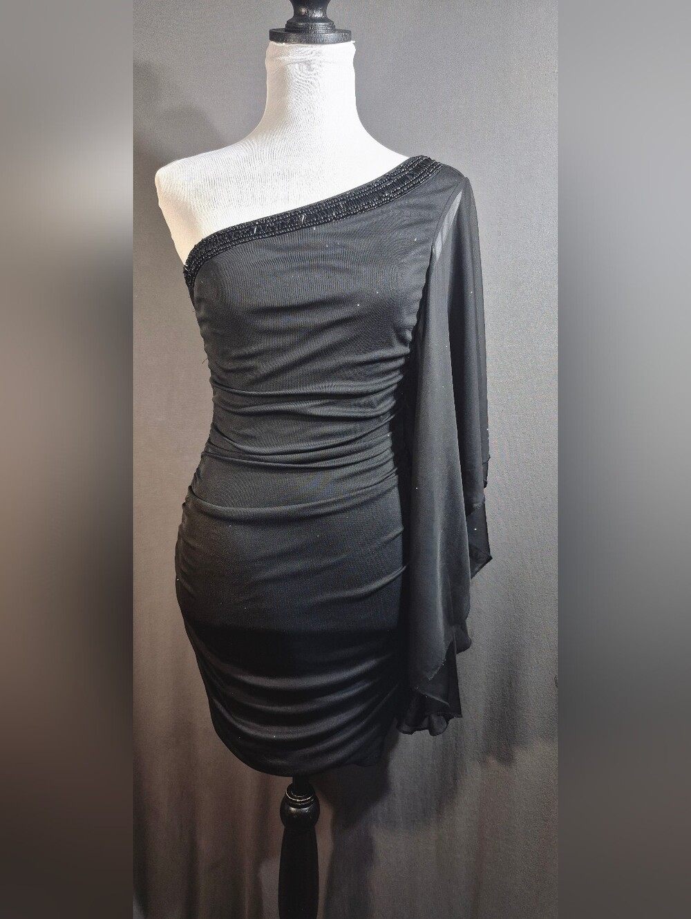 Body Central Black One-Shoulder Draped Sleeve Ruched Dress